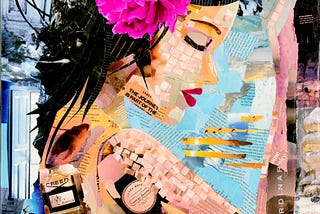 Collage of woman. Collage pieces contain words relating to adventure, life, exploring, luxury and travel.