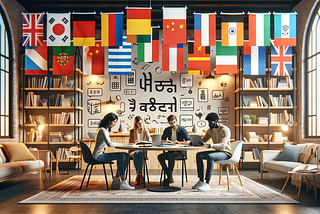 four people on the table studying languages