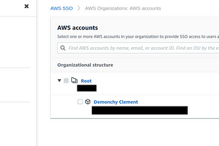 A display of my AWS account under AWS sso, at the root we have the Root user his id, below my default account with my name, his account id and my mail striked out