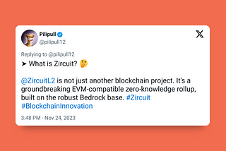A tweet by @pilipull12 describing Zircuit as a groundbreaking EVM-compatible ZK-rollup built on Bedrock, on an orange background.