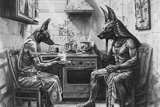 Pencil drawing of two creatures that look like Anubis, sitting in a kitchen. Created by author on Midjourney.
