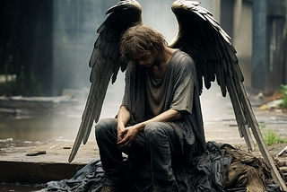 A digital artwork of a figure with large dark wings sitting hunched on a wet, debris-strewn ground in what appears to be an abandoned urban space. The figure is dressed in worn, dirty clothing — grey t-shirt, jeans, scuffed shoes — and sits with head bowed and hands clasped, wings drooping to the ground on either side. The wings suggest something extraordinary, but the posture and setting convey complete exhaustion and depletion. Not fallen — simply spent.