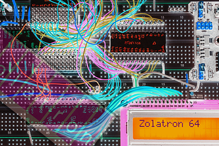 Stylised photograph of an eletronics prototyping breadboard with wires, chips and a display that says ‘Zolatron 64’. For decorative purposes only.