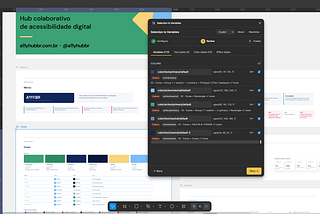 Captura de tela do Figma mostrando o Design System do projeto A11YHUBBR, um hub colaborativo de acessibilidade digital. A interface exibe seções como marca, cores, tipografia, botões e acessibilidade. No centro, há uma página com paleta de cores e tokens visuais. Sobre o canvas está aberto o plugin “Selection to Variables”, usado para converter estilos em variáveis de design system, exibindo cores, estilos e propriedades semânticas.