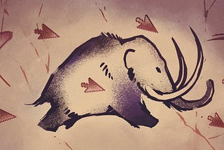 An artistic depiction of ancient cave art. Rendered on a tan background, there is a purple  mammoth with large curling tusks running to the right, away from a hail of modern computer arrows.