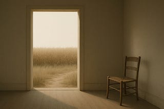 A sunlit doorway opens to a wild field; inside, a lone wooden chair rests in quiet shadow.