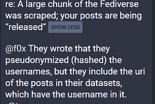 They wrote that they hashed the usernames, but included the URI of the posts in their database, which has the username in it.