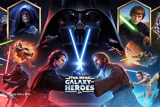 A screenshot of the Star Wars: Galaxy of Heroes startup splash screen. It depicts various characters from across the film and television franchises. The central image is that of Anakin Skywalker and Obi-Wan Kenobi engaged in a lightsabre duel.