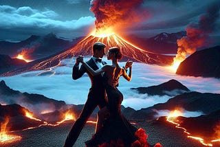 A couple in elegant outfits is dancing before a volcano