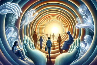 Illustration: A tunnel with spirals of light and shadow, representing the journey through life and near-death. Diverse individuals are depicted at various stages within the tunnel: some appear lost, some are being embraced by shadows, while others move towards a radiant light at the end. Overlaying this scene, ghostly hands reach out offering support, symbolizing the strategies for healing.