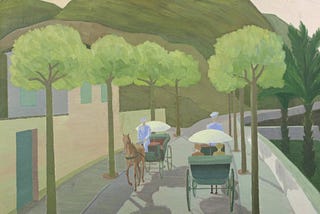 A painting showing two horse-drawn carriages on a street with trees and gardens on both sides.