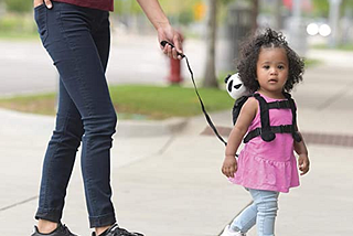 Picture of a child in a safety harness.