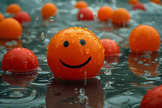 orange happy face balls sitting in water respresnting joy in chaos