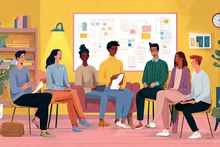 A colourful illustration of 7 people sat in a row of chairs having a discussion in front of a whiteboard covered in colourful post-it notes.
