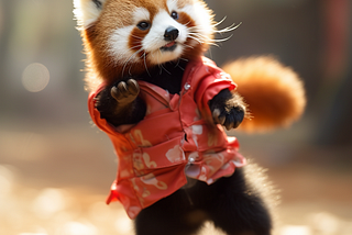 A red panda, learning dance moves, dancing on hind legs, basking in the glow of the afternoon sun.