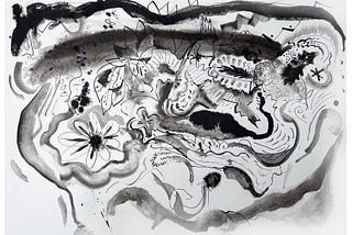 Black and white drawing of a garden-like environment, with flowers and various leaves, entitled “Anthrosol IV,” by Milwaukee artist Richard Knight. (Used by permission.)