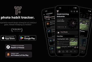 a graphic of the folksable app with three pictures of the mobile app, it features a beautiful clock as seen in the top, and a list of your routines that you have for the day, the graphics says “experience reward design working for you, and your goals, instead of keeping you hooked” rated 5.0 Star on Google play and Apple App Store, and the awards #1 Product of the week and #4 Product of the Day on Product Hunt