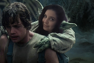 A poorly Photoshopped image of Liz as Yoda in Luke Skywalker’s backpack.