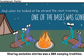 Bazlardan biri gitmiş diye, kamp ateşi çevresinde korkunç hikaye analtan DNA zincirleri karikatürü. Konu mutasyonlar.
