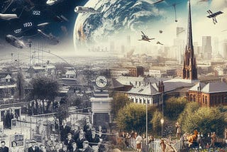 Collage of images from 1957 and 2023, by Bing Image Creator (DALL-E 3)