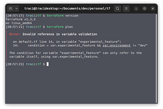 Terminal screen detailing the Terraform version (1.3.3) and displaying an error when trying to execute the plan command.