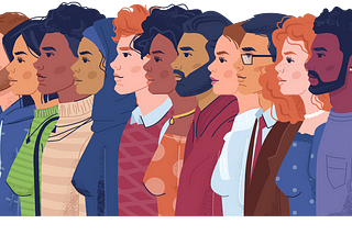 An illustration of twelve people, shown in profile looking to the left. They are of various genders and ethnicities.