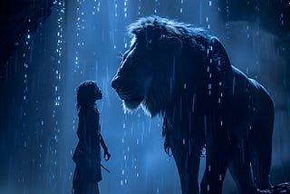 A girl facing ger fears, in the depiction of a large lion.