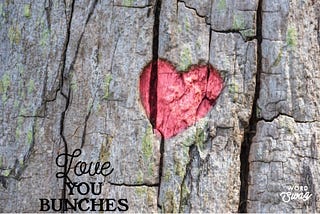 Photo of a large grayish tree trwith a red heart engraved and a split down the edge of the heart. Words are Love you bunches