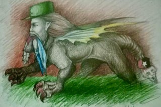 Painting by Alexey Camilo Meriño Tellez on Instagram of Fidel as a four legged beast with a dead Cuban bird in his mouth.