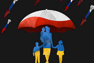 At the center of the picture is a family drawn in blue and yellow (colors of the Ukrainian flag). The family is sheltered by a big white and red umbrella (colors of the Polish flag). From the top of the picture are falling rockets in red-blue-white colors (colors of the Russian flag).