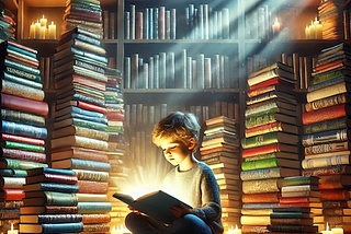 A child reading a book sitting in a room towering with books to illustrate how reading helps children thrive.
