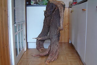 “Gorilla with an Unruly Tail “ A Hawthorn tree trunk 91cm tall. A readymade piece of Artwork by J1’s standing on a kitchen floor with linoleum surrounded by cupboards whose shape and bark look like the torso and dangling arm of a gorilla.