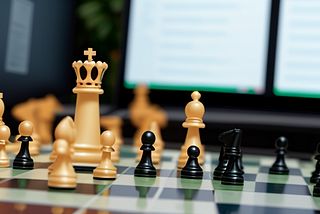 a close-up of a chess board in front of a computer