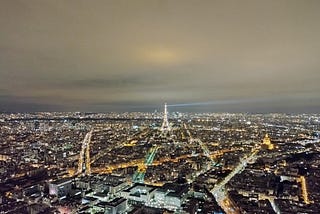 A view of the Eiffel Tower at night, taken from Tour Montparnasse.