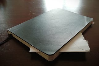 An image of white love letter envelope sneaking out of a black Moleskine book on an ebony table photographed by Anup Sam Ninan