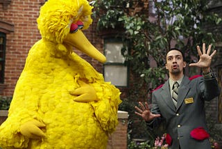 Lin Manuel-Miranda teaching Big Bird about habitats on Sesame Street