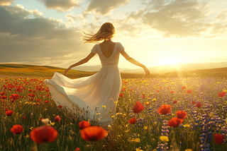 A woman in a flowing white dress twirls through a sunlit wildflower field at sunset, exuding freedom and serenity.