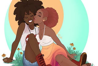 A scene of a black woman loving black woman couple joking around in their apartment from a book in progress.