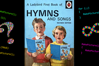 The Ladybird book of hymns. Two children hold a copy of the book on which they can be seen holding a copy of the book. Where does it end?