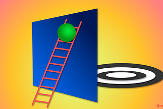 A green ball climbing a ladder over a wall to reach a target