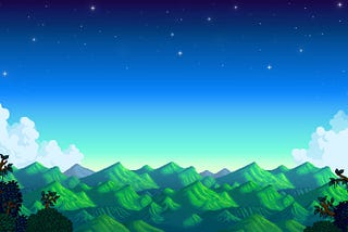 A scenic view of pixelated green rolling mountains beneath a starry night sky.