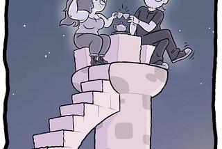 Comic of cartoon characters John and Lisa drinking tea on the turret of their castle tower against a background of a starry night. From a Background Noise comic called “Crumbling.” Art by John Hazard