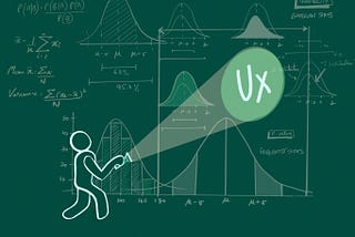 A person holding a flashlight shines a spotlight on the letters UX amid a series of equations and data visualizations.