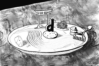 A drawing of a Zen garden with rocks and the letter d on a rock.