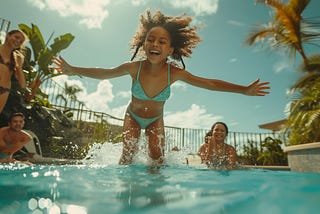 A young girl with a beaming smile leaps into a sunlit pool surrounded by family.