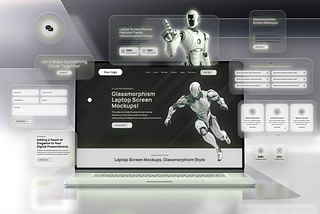 Futuristic laptop screen mockup with glassmorphism design, robotic figure, and floating UI elements highlighting digital transformation, AI automation, and modern website solutions.