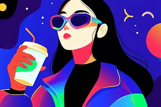 Vibrant, neon-colored illustration of a woman in sunglasses holding a drink against a cosmic, abstract background. A woman with long black hair and sunglasses holds a cup with a green logo, set against a dynamic, colorful backdrop. Stylized graphic of a trendy woman with bold makeup and a jacket, sipping a beverage in a bright, abstract space.