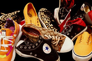 A photo of a jumble of colorful sneakers