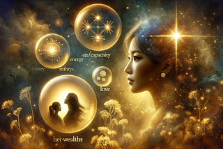 a side view of an Asian woman looking into the distance towards the North Star, surrounded by four objects in bubbles representing energy/capacity, love, her two daughters, and wealth. 16:9 format. The scene is enhanced with a gold ethereal shimmer, creating a magical and dreamy atmosphere.
