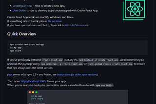Dark mode screenshot of the Create React App README.md on Github.